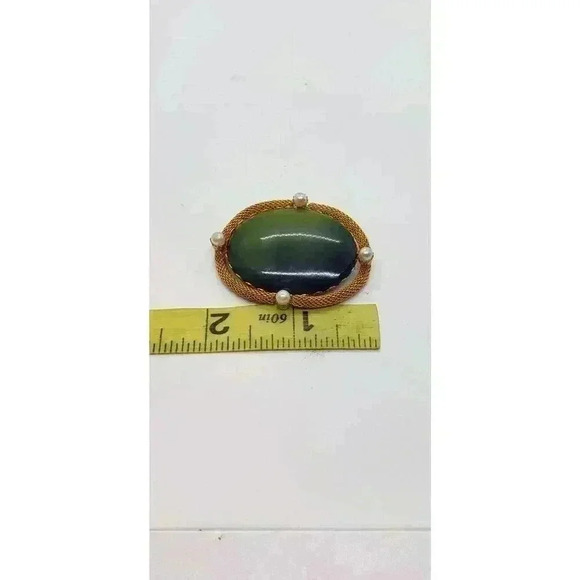 Vintage Brooch 10k Gold Plated Mesh Green Lucite Faux Pearl 1940s - Picture 5 of 10